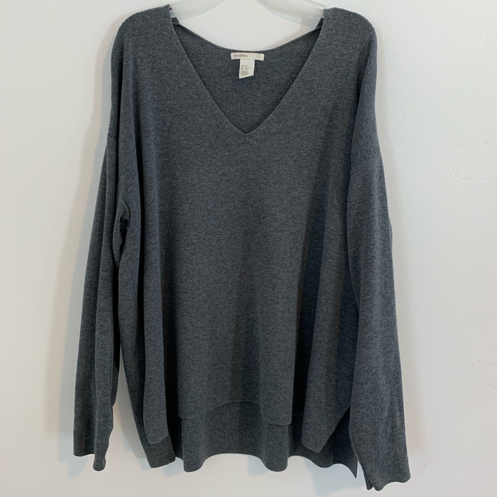Cozy Grey Oversized Knit V-neck Sweater